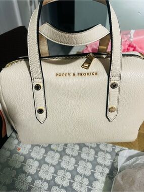 Poppy & Peonies Cream Pebbled Leather Satchel with Gold Hardware